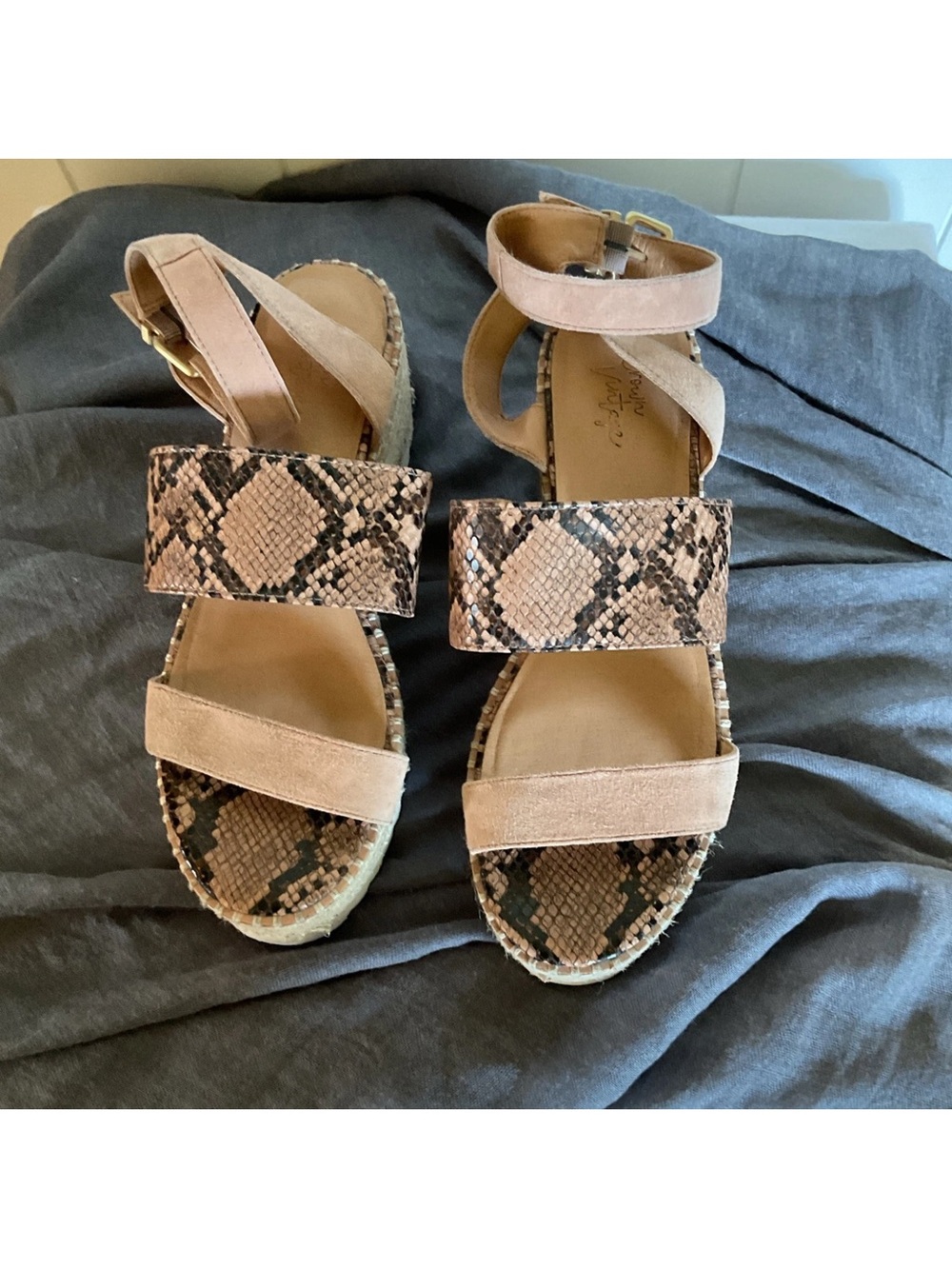 Crown Vintage Tan Snake-Print Espadrille Wedge Sandals